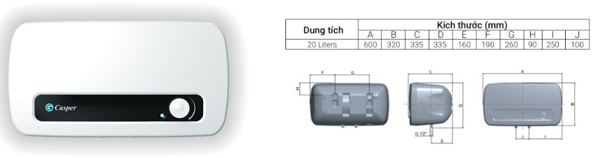 Kích thước của bình nóng lạnh Casper SH-20TH11