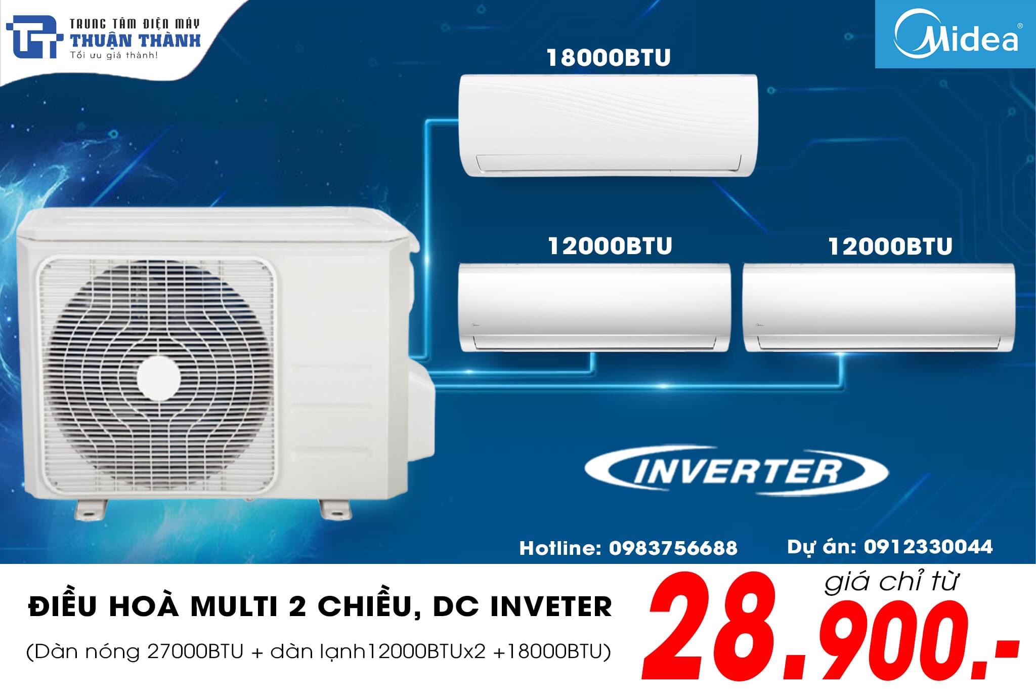 Combo điều hòa Multi Midea M3OE-27HFN1-Q 27000BTU 2 Chiều Inverter+ MSAFBU-12HRDN8x2 12000BTU + MSAFCU-18HRFN8 18000BTU