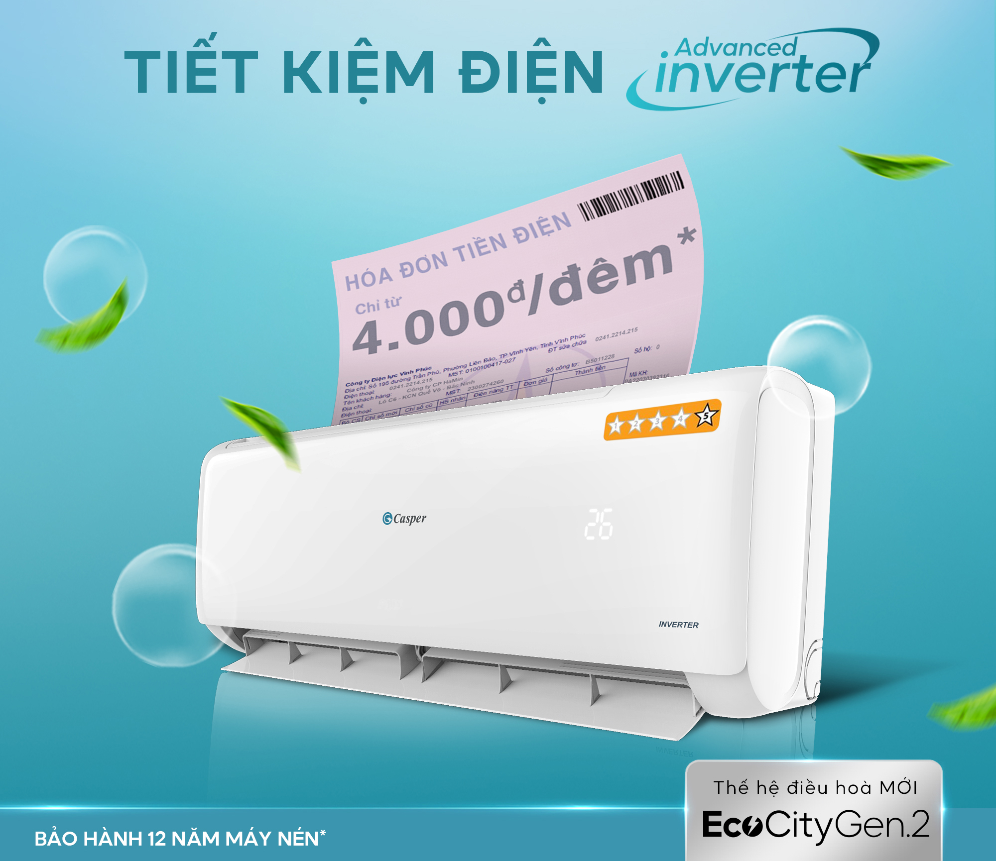 Điều hòa Casper 12000BTU TC-12IS36 làm mát thông minh, tiết kiệm điện tối ưu