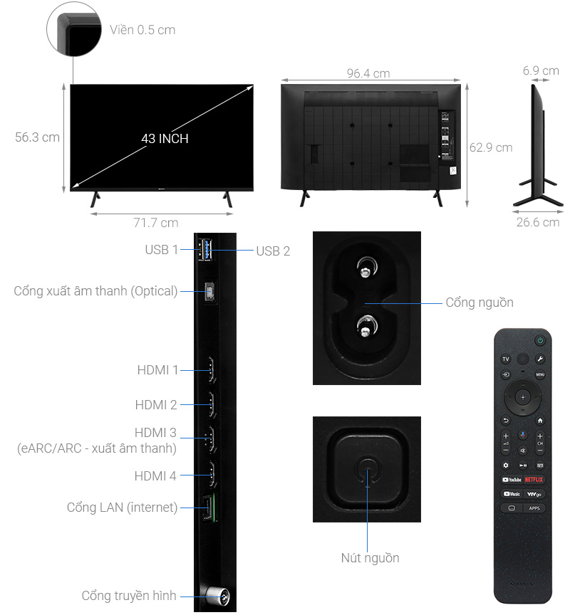 Google Tivi Sony K-43S30 4K nổi bật với thiết kế viền màn hình siêu mỏng: