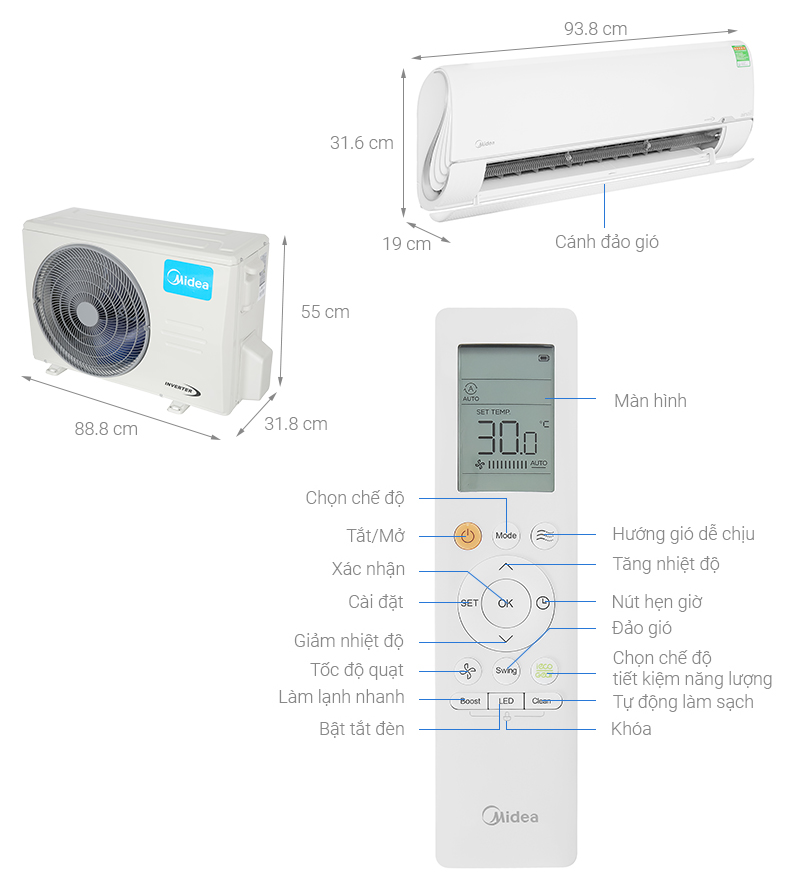 Điều Hòa Midea 2 Chiều 9000BTU inverter sở hữu phong cách thiết kế hiện đại và sang trọng