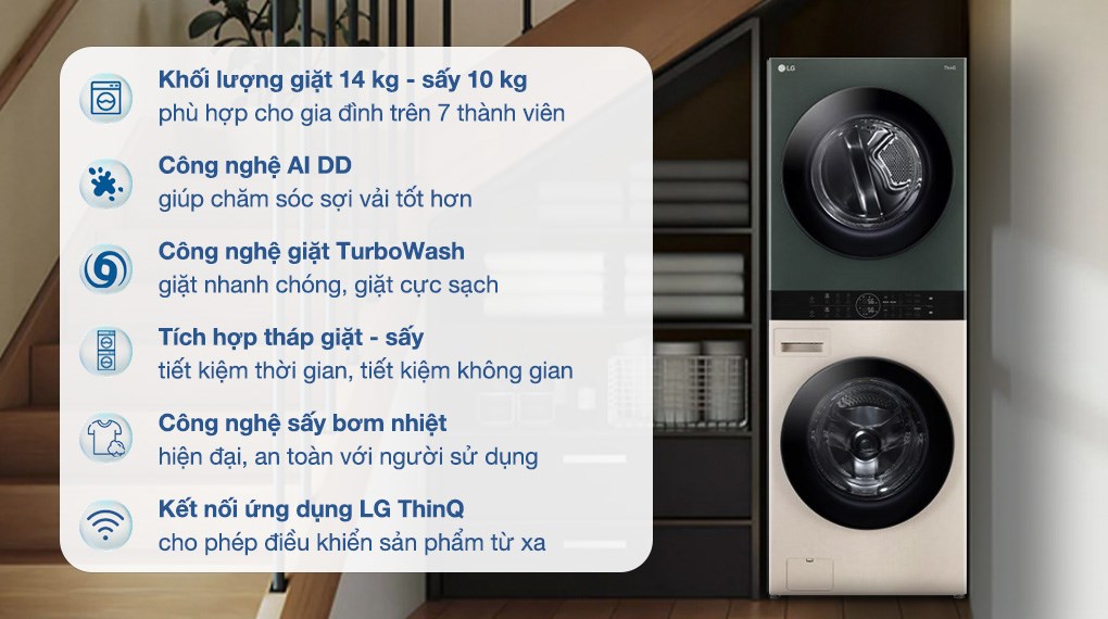 Tháp Giặt Sấy LG Inverter WashTower Giặt 14Kg Sấy 10Kg WT1410NHEG
