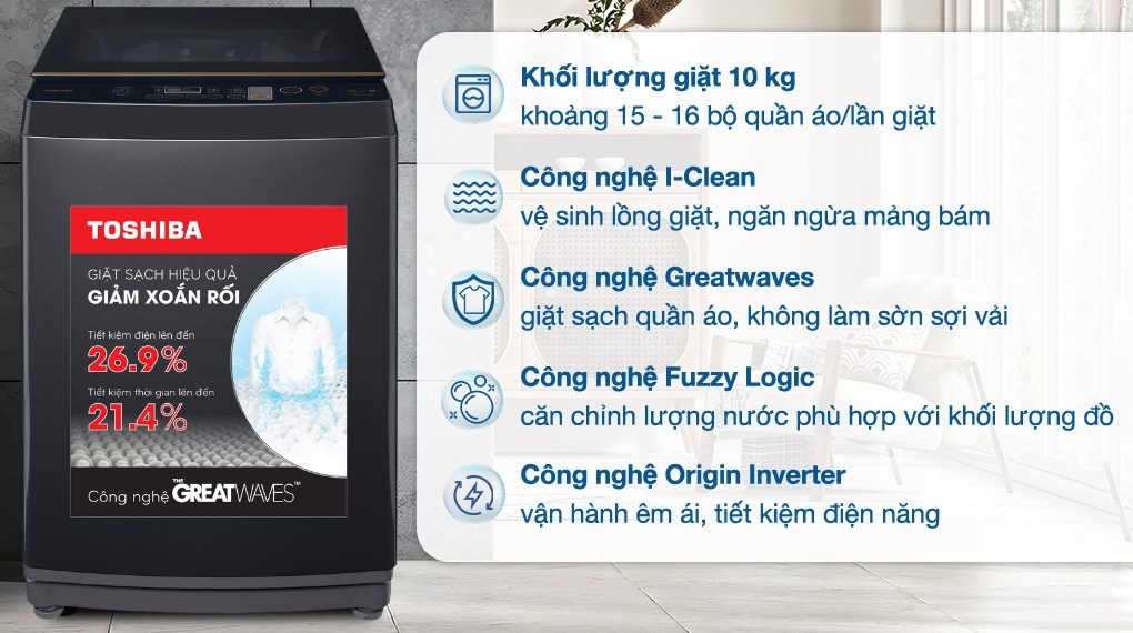 Máy giặt Toshiba AW-DM1100PV(KK) 10kg khối lượng giặt lớn, đáp ứng nhu cầu giặt nhiều áo quần