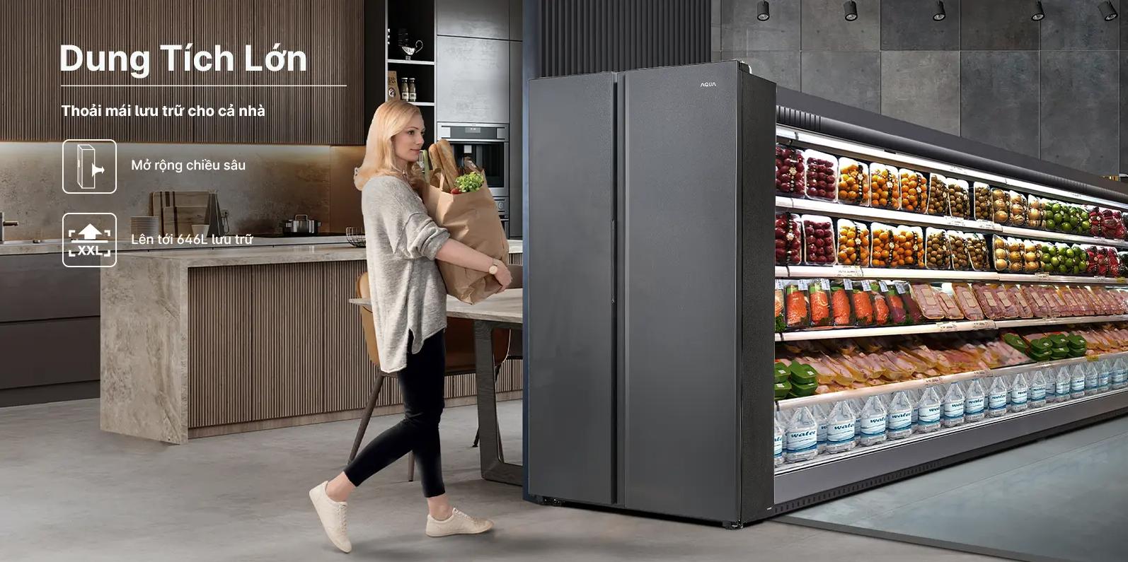 Tủ lạnh Aqua AQR-S682XA(SLB) 646 Lít dung tích lớn, bảo quản lượng lớn thực phẩm