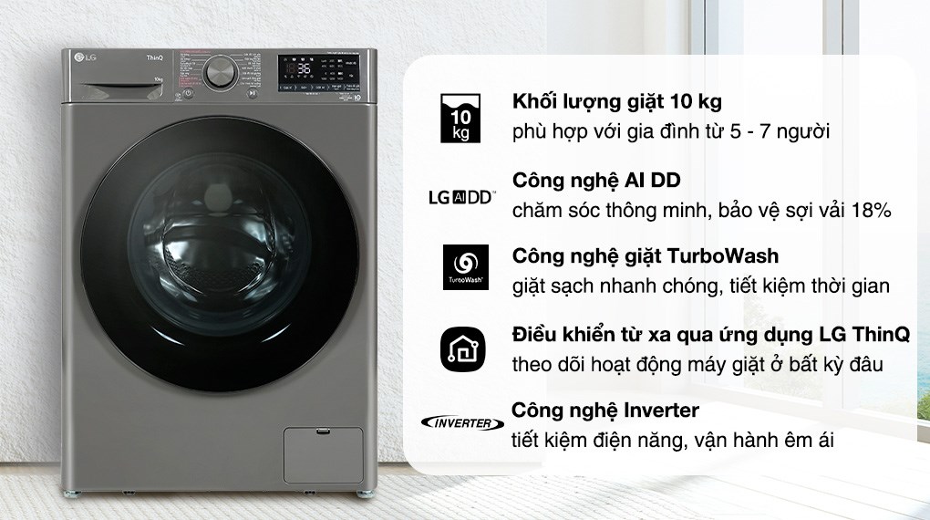 Máy giặt LG 10kg FV1410S4M1 khối lượng giặt lớn, phù hợp với gia đình đông thành viên