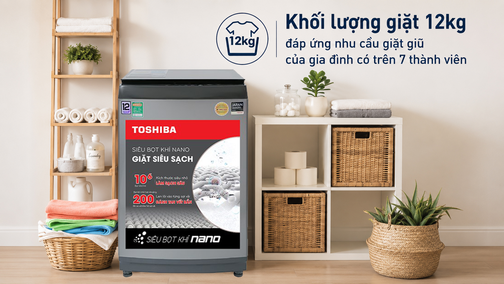 Máy giặt Toshiba AW-DUK1300KV(SG) 12kg khối lượng giặt lớn, đáp ứng nhu cầu giặt giũ cho gia đình đông người