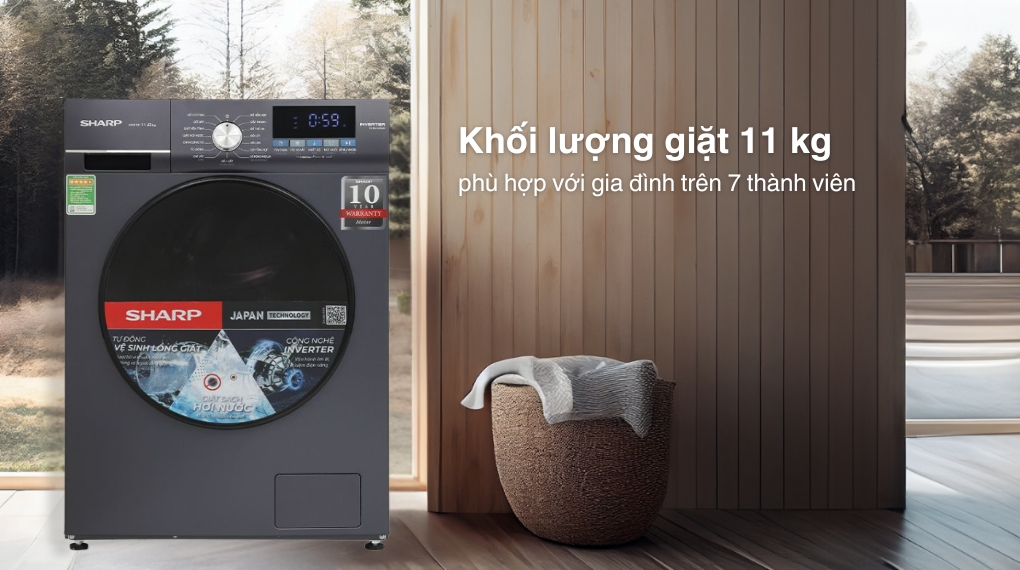 Máy giặt Sharp 11Kg ES-FM110CB-DG đáp ứng nhu cầu giặt giũ cho gia đình có đông người