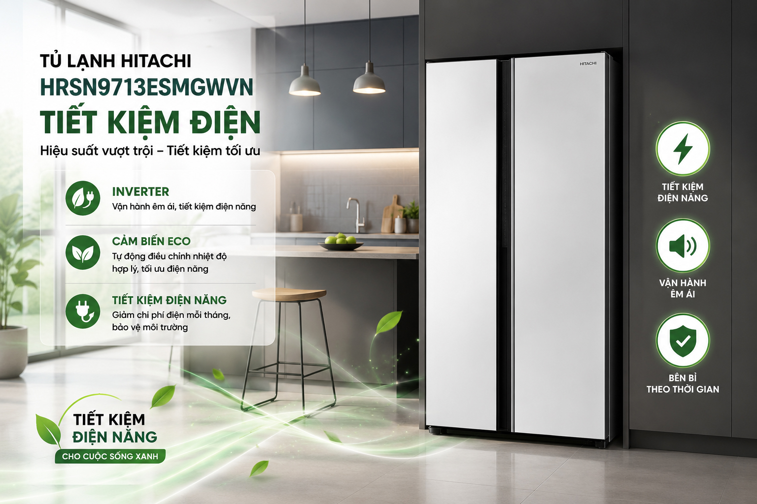 tủ lạnh Hitachi HRSN9713ESMGWVN 656 lít tiết kiệm điện Inverter