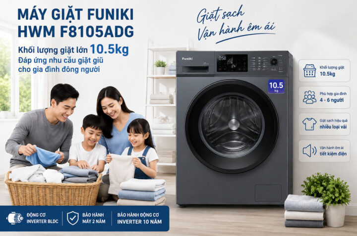 Máy giặt Funiki 10.5kg HWM F8105ADG: Giặt sạch, vận hành êm ái