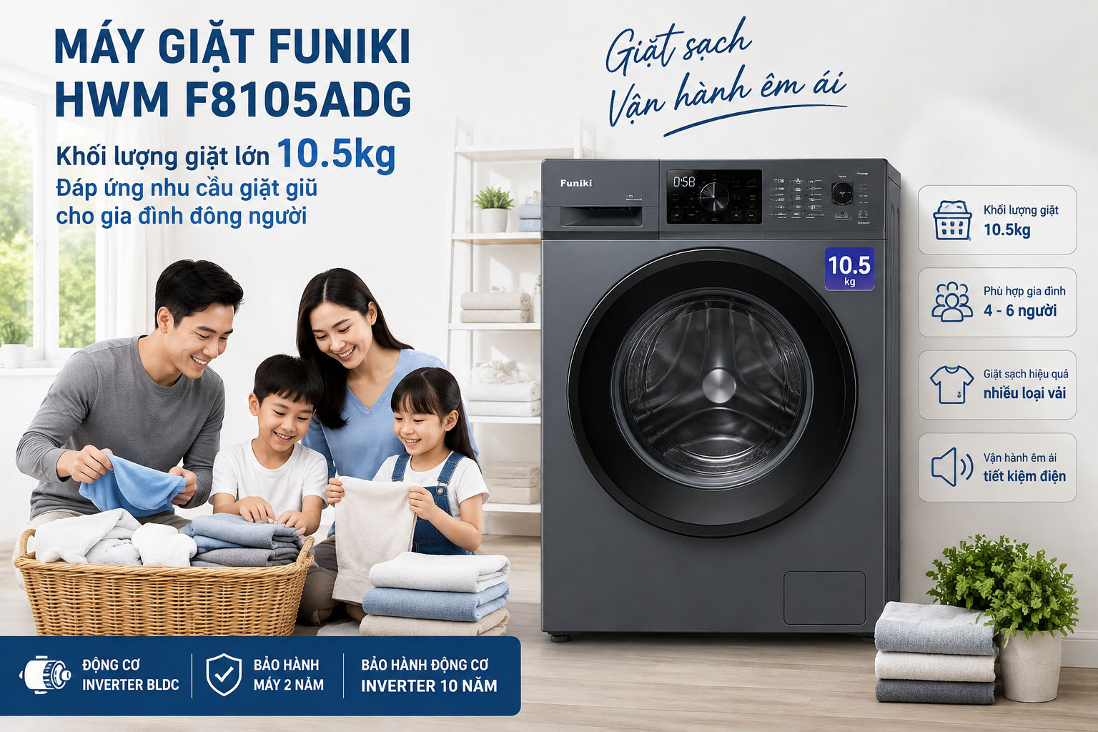 Máy giặt Funiki 10.5kg HWM F8105ADG khối lượng giặt lớn, đáp ứng nhu cầu giặt giũ cho gia đình đông người