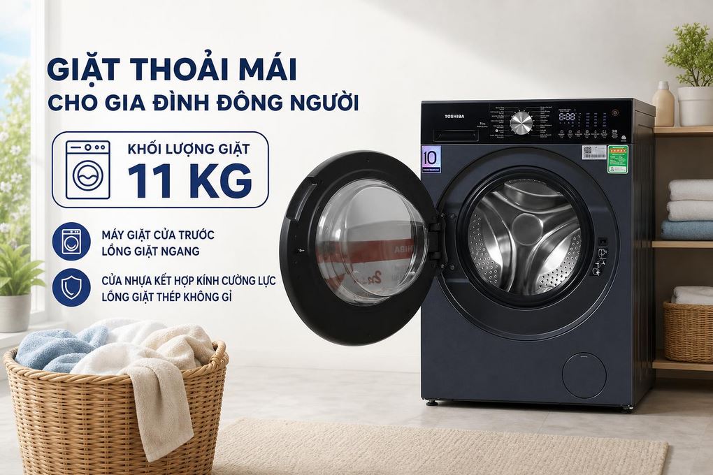 Máy giặt Toshiba TW-T33B120UWV(MK) 11Kg xử lý lượng lớn áo quần, dễ dàng loại bỏ vết bẩn cứng đầu