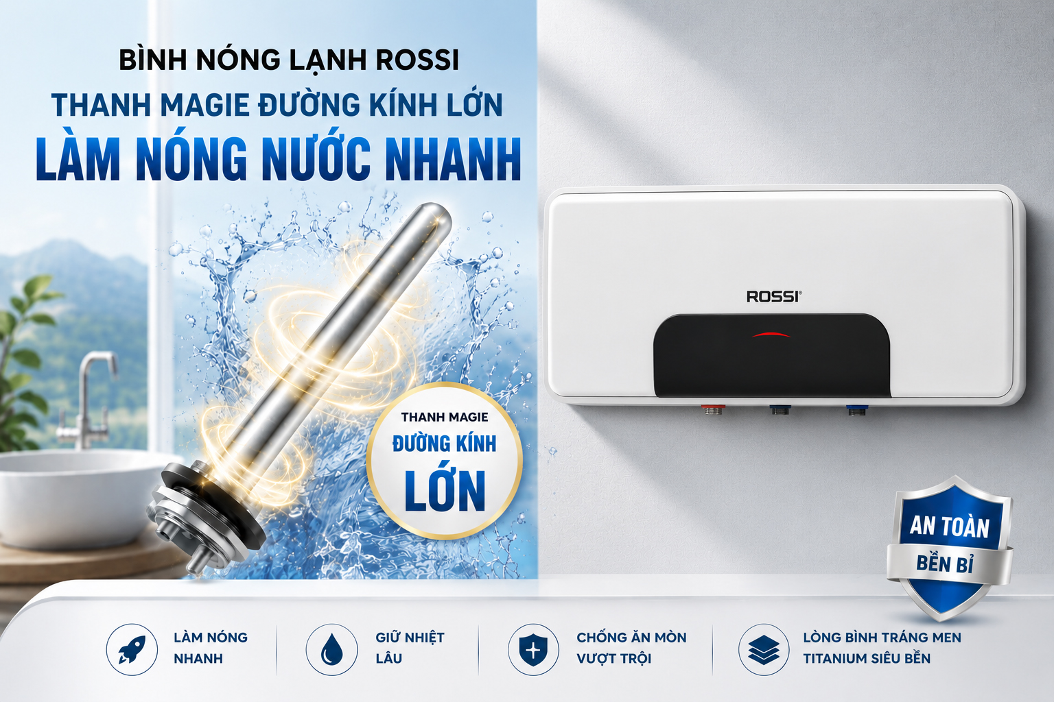 Bình nóng lạnh Rossi RBC-15SL 15 lít làm nóng nước nhanh, đáp ứng nhu cầu sử dụng cho 1-2 người