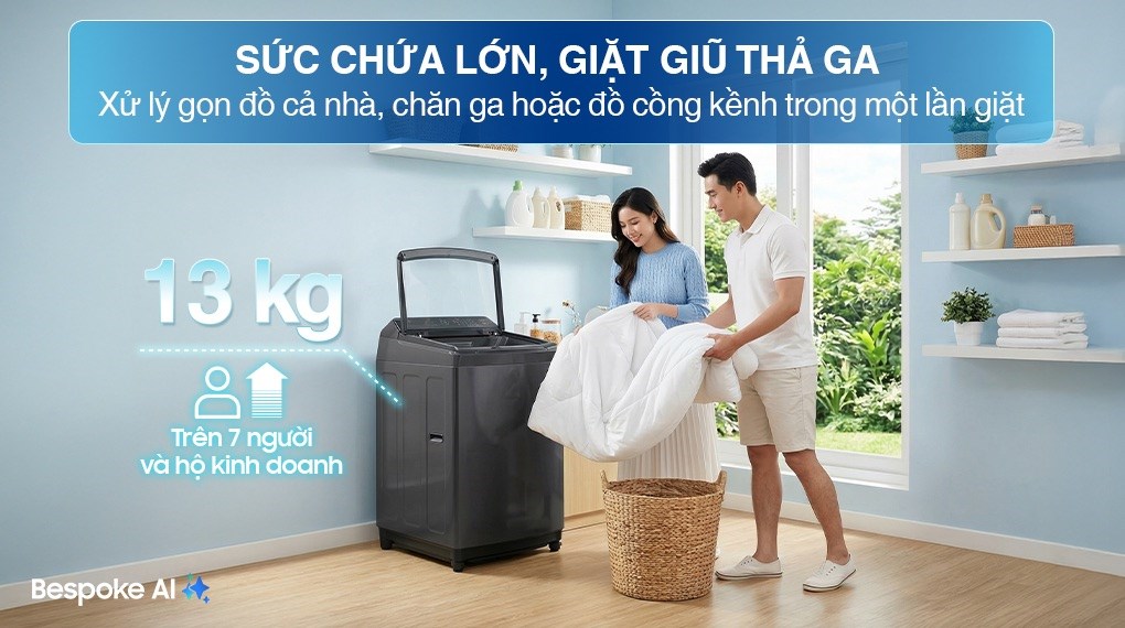 Máy giặt Samsung WA80F13S5BSV 13Kg đáp ứng tốt nhu cầu giặt giũ gia đình đông người