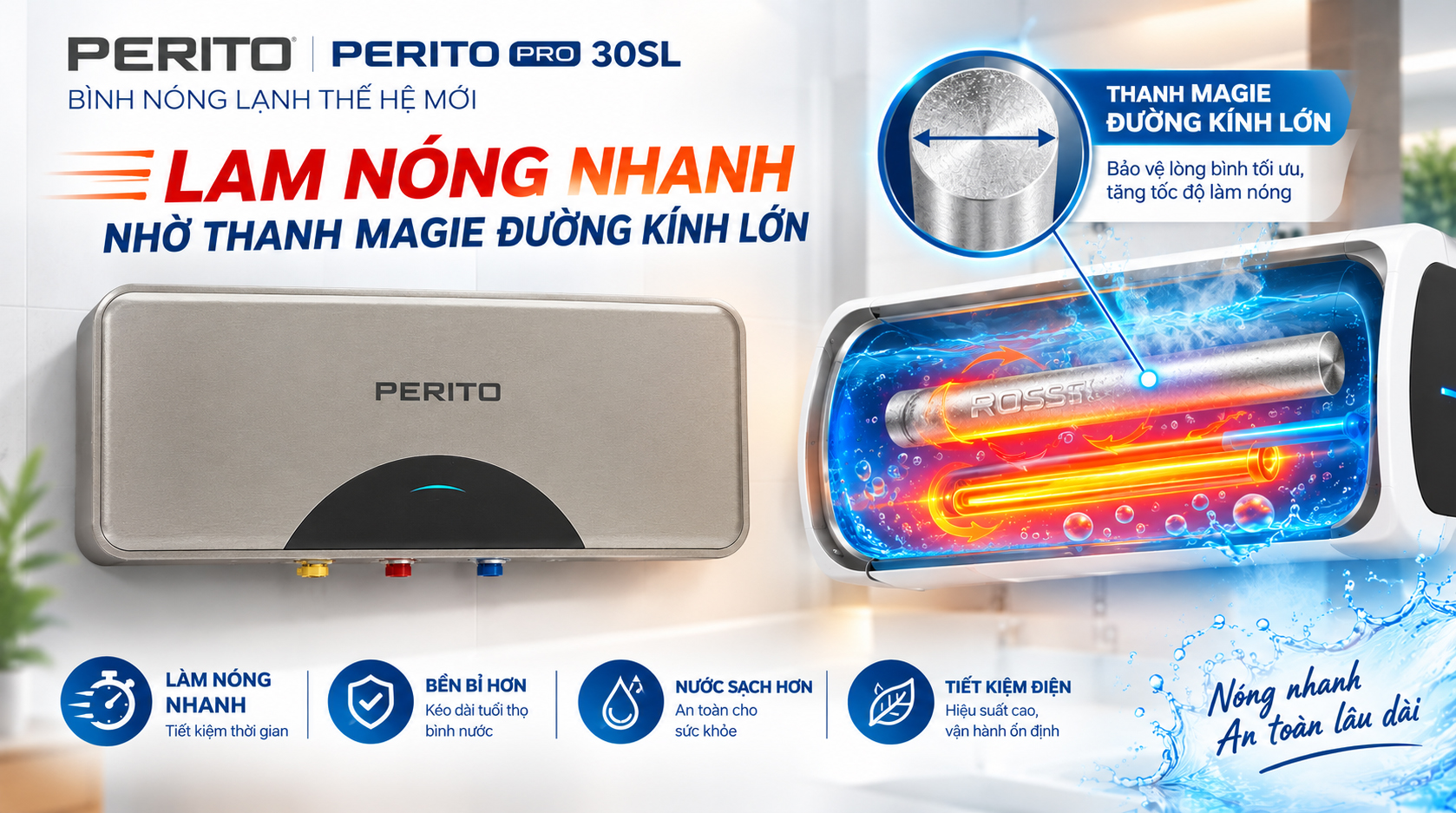 Bình nóng lạnh Rossi Perito Pro 30SL làm nóng nước nhanh chóng, dung tích 30 lít đáp ứng nhu cầu gia đình