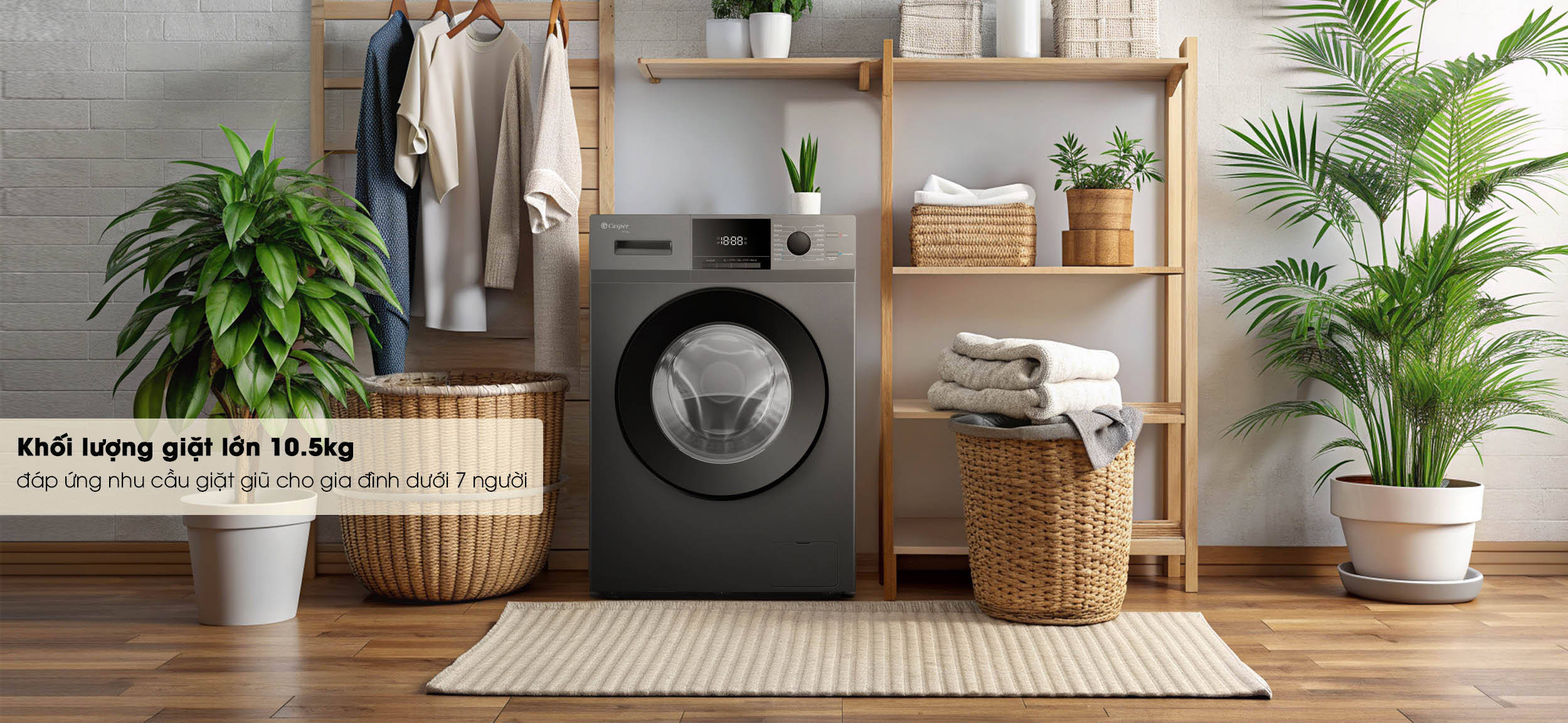 Máy giặt Casper WF-105VG5 khối lượng giặt 10.5kg rộng rãi, thiết kế cửa trước hiện đại