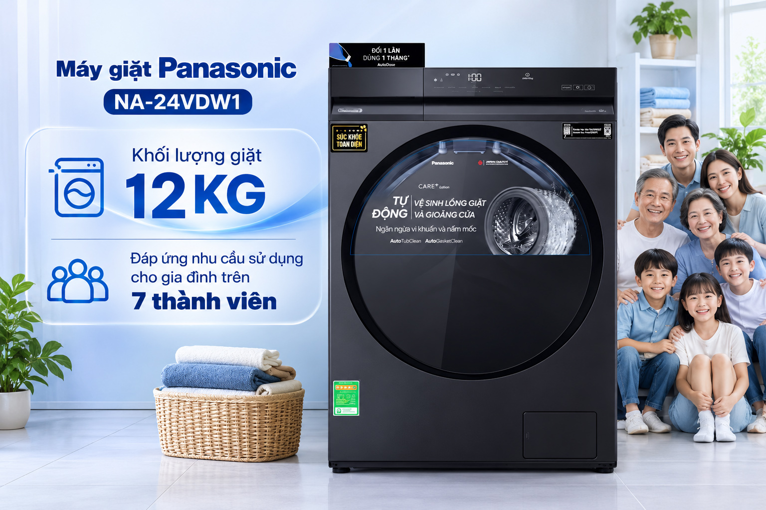 Máy giặt Panasonic NA-24VDW1 khối lượng giặt 12kg đáp ứng nhu cầu sử dụng cho gia đình trên 7 thành viên