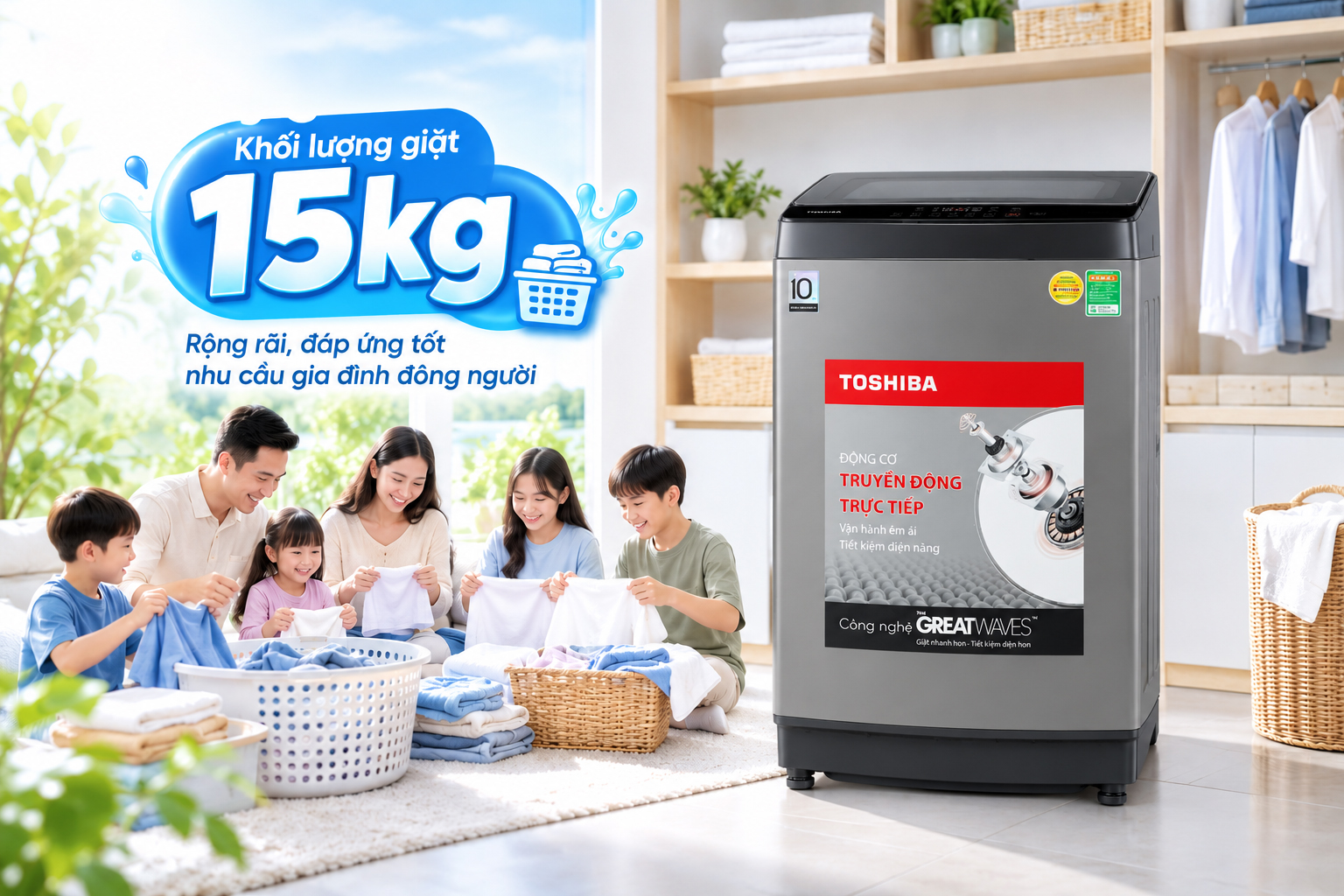 Máy giặt Toshiba AW-T08DU1600LV(MK) khối lượng giặt 15kg rộng rãi, đáp ứng tốt nhu cầu gia đình đông người