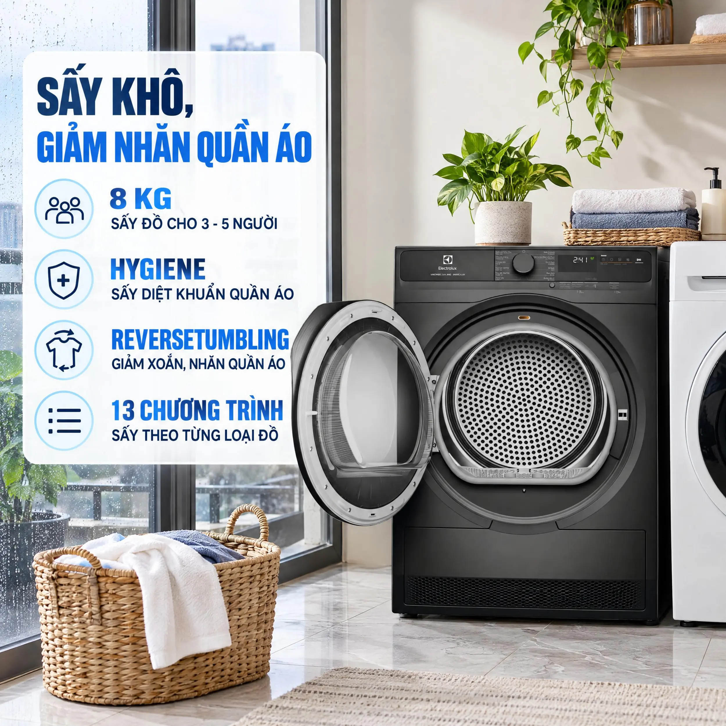 Máy sấy Electrolux EDH803J5SCR Inverter sấy khô hiệu quả, chăm sóc quần áo tiện lợi với công nghệ sấy bơm nhiệt