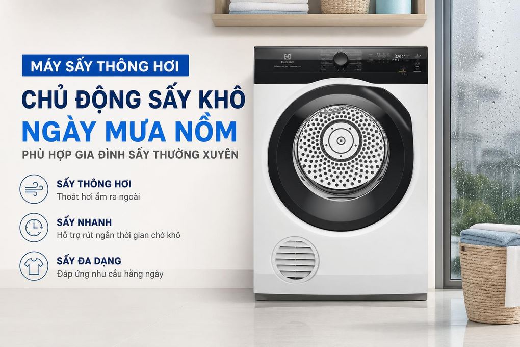 Máy sấy Electrolux EDV904H3EC 9Kg sấy khô nhanh chóng nhờ công nghệ sấy thông hơi, công suất 2250W
