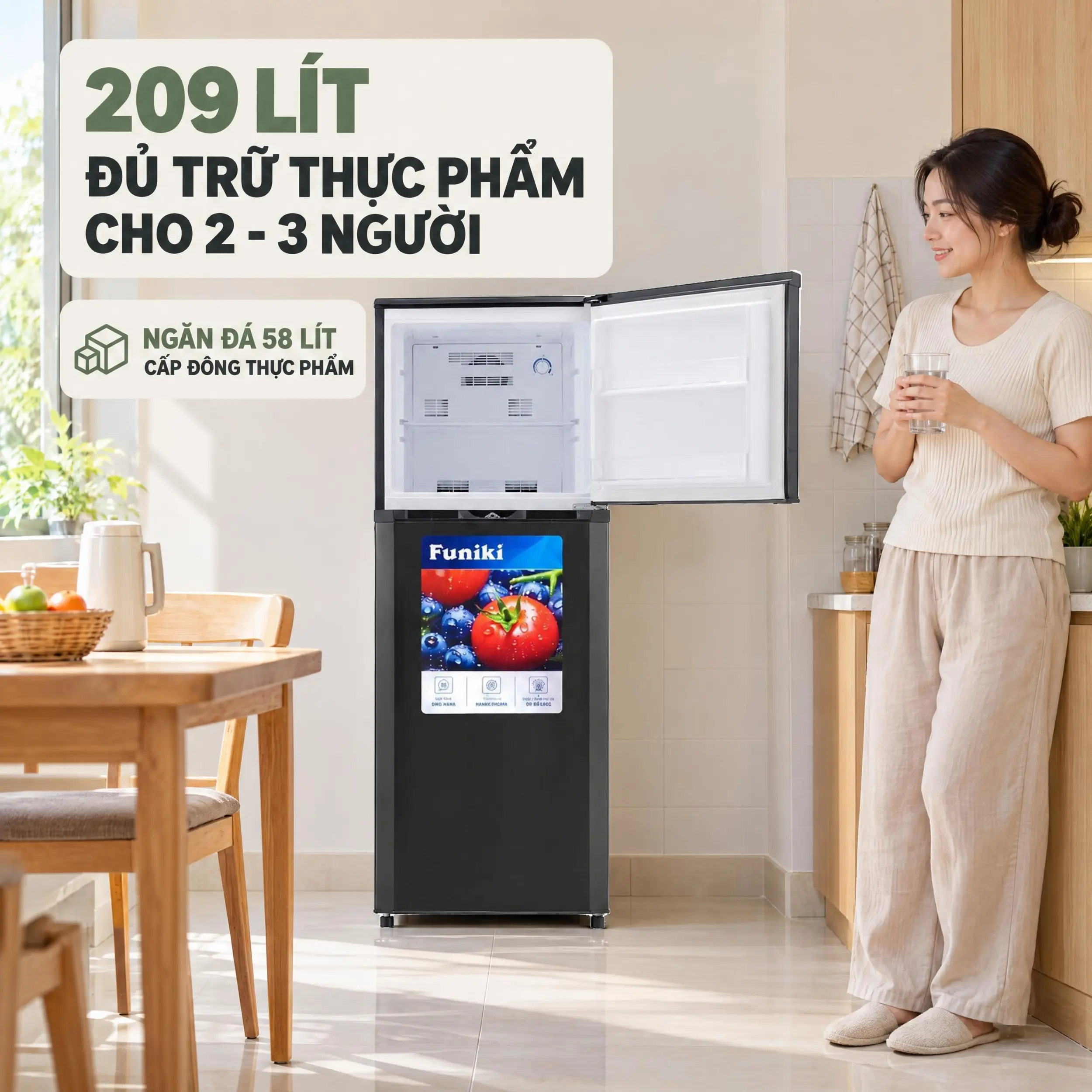 Tủ lạnh Finiki HR T8209TDG thiết kế 2 cánh hiện đại, dung tích 209 lít phù hợp gia đình nhỏ