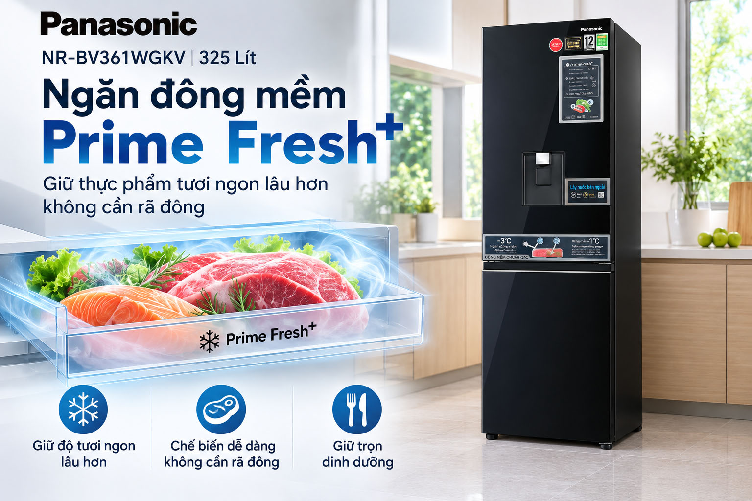 Tủ lạnh Panasonic NR-BV361WGKV 325 Lít bảo quản thực phẩm tươi ngon, tiết kiệm điện hiệu quả nhờ công nghệ hiện đại