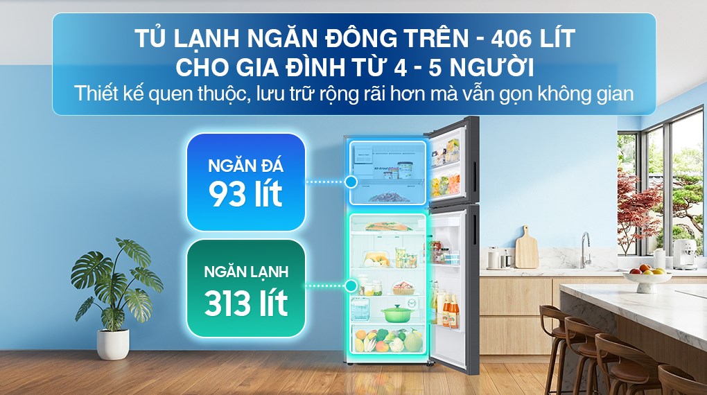 Tủ lạnh Samsung 406 lít RT42CG6584B1SV dung tích lớn, thiết kế ngăn đá trên dễ dàng bố trí thực phẩm