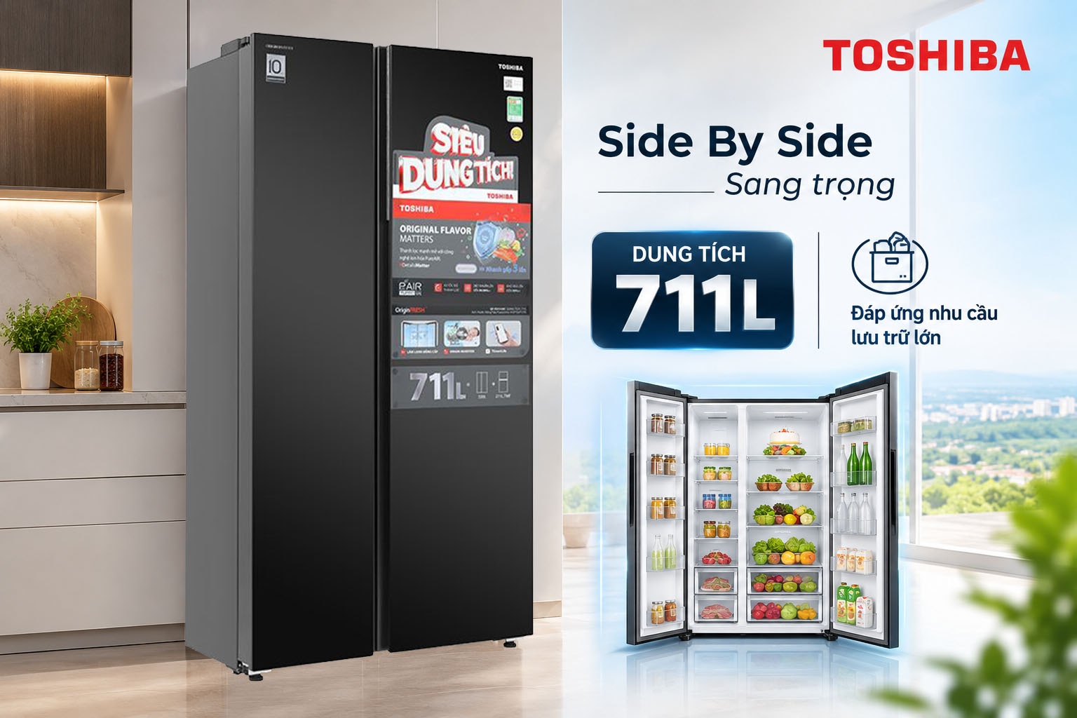 Tủ lạnh Toshiba GR-RS910WI-PMV(06) 711 lít thiết kế Side By Side sang trọng, dung tích 711 lít đáp ứng nhu cầu lưu trữ lớn